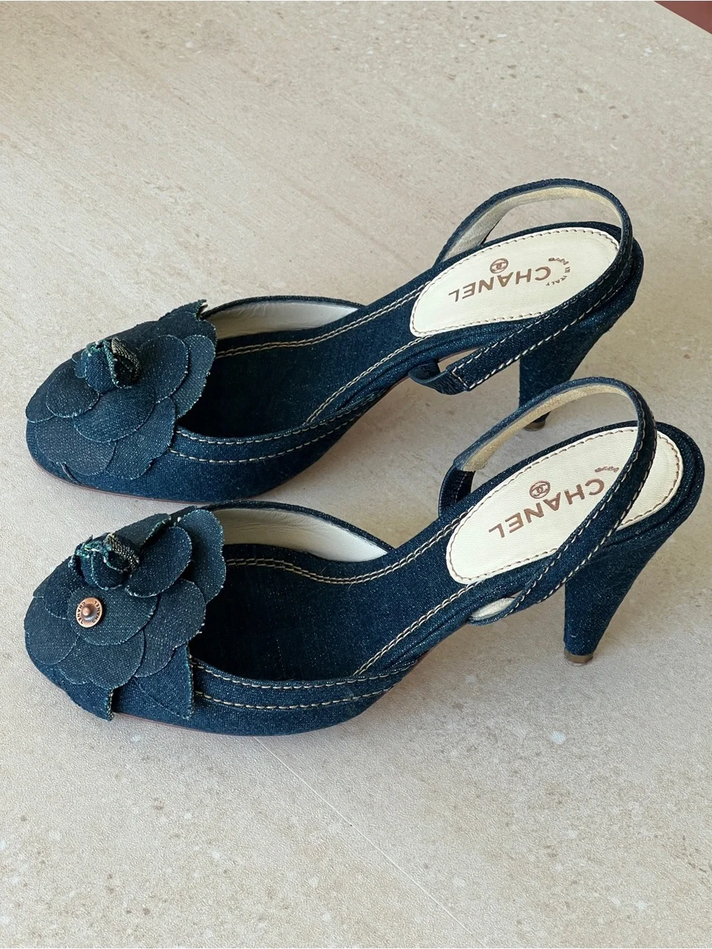CHANEL Navy Denim Camellia Slingback Heels